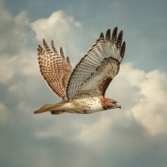 Majestic red tailed hawk soars through the clouds with powerful wings in artistic background