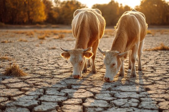 Cows grazing on parched land due to climate change