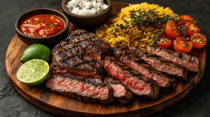 Appetizing Medium Rare Steak Platter with Rice Lime Tomato and Spicy Sauce Culinary Still Life Composition