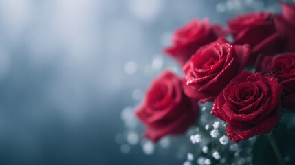 A bouquet of red roses with a blue background