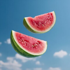 Vibrant Watermelon Slices Floating Against a Bright Blue Sky with Scattered Clouds Summer Mood