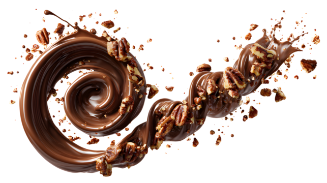 Chocolate splashes in a spiral shape with crushed pecan nuts isolated on a white background