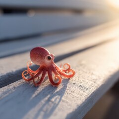 Cute Baby Octopus Lounging on Wooden Bench in Golden Sunlight Adorable Marine Life Art Photography