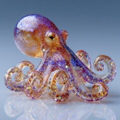 Iridescent Glass Octopus Sculpture Shining Elegantly on Light Blue Surface Captured in Macro Close Up Detail