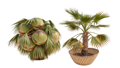 Exotic palm trees in baskets featuring tropical greenery and lush palm fronds for decor appeal