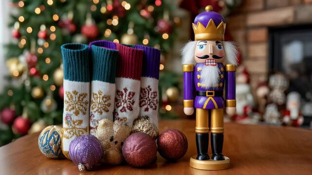 Christmas decorations nutcracker and stockings