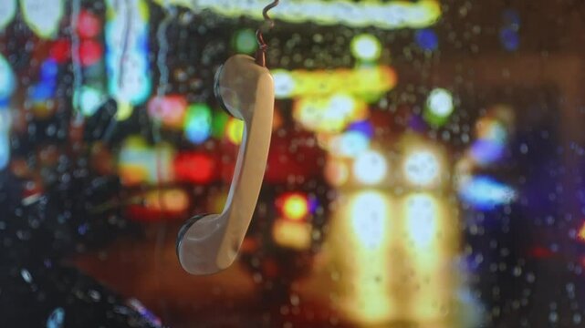 Vintage phone receiver hanging against rainy neon city background