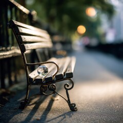 Crystal ball rests gracefully on park bench showcasing whimsical reflection during tranquil afternoon light