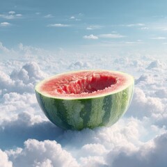 Watermelon slice suspended amongst ethereal clouds against blue sky surreal summery concept