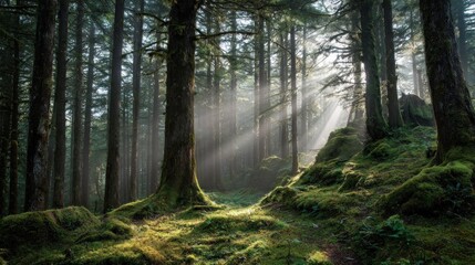 Obraz premium Sunlight streams through a misty forest