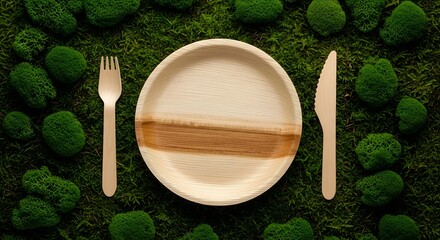Flat lay of bamboo plate with wooden fork and knife on green moss for eco friendly dining or sustainable lifestyle concepts.
