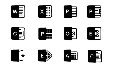 Black and White MS Office Icons Set &ndash; Minimal Vector Symbols of Word, Excel, PowerPoint, Outlook, and More for Print, UI Design, and Branding

