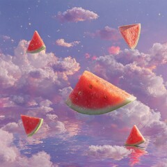 Slices of watermelon floating in a dreamy sky with pink clouds and water surreal summer freshness