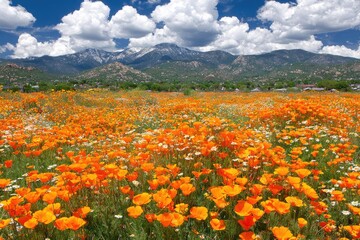 Vibrant wildflower field, mountains beyond
