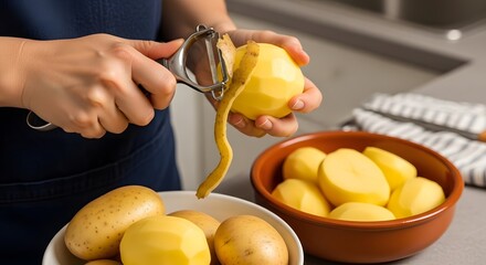 Hands peeling fresh potatoes in kitchen, preparing healthy meals and cooking ingredients for dinner with peeler and bowls.