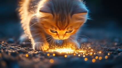 Adorable ginger kitten attentively inspecting magical sparks on ground in low angle soft focus