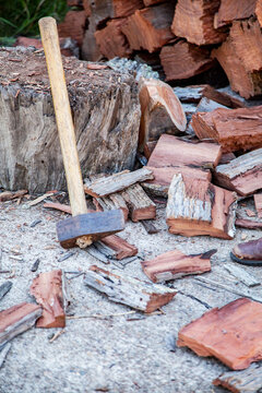Axe propped up on the chopping block