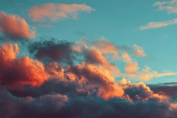Crimson orange clouds against a teal sky illuminated by dusk