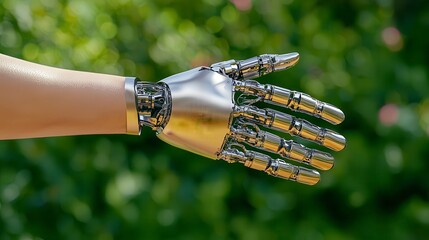 Chrome Robotic Hand Reaching Out Against Blurred Green Background