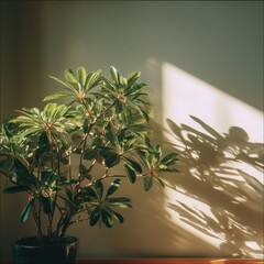 Serene indoor scene with potted schefflera plant casting abstract shadows against plain wall in soft warm light