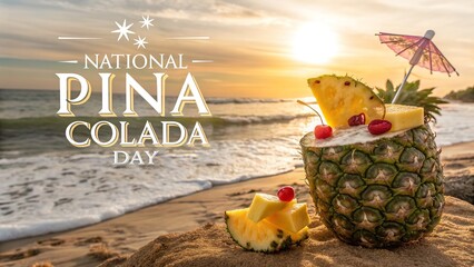 National Piña Colada Day, Tropical golden hour beach with glowing piña colada cocktail moment.