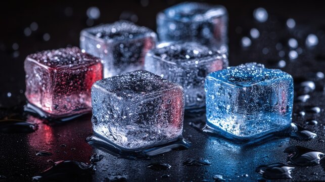 Fresh ice cubes arranged on black reflecting surface with colorful red and blue light shining on them