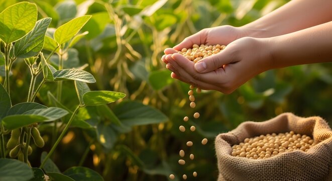 Hands hold soybeans in a field, showcasing a bountiful harvest ready for processing and distribution in agricultural industry.
