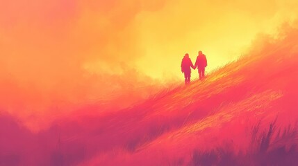 Embracing Sunset A Couple Walks Hand in Hand Through a Vibrant Field of Grass Toward a Bright Horizon Togetherness