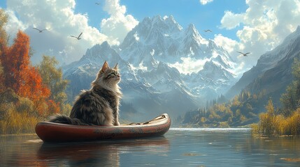 Adorable feline voyager enjoys mountain lake journey in a rustic canoe surrounded by serene autumn landscape