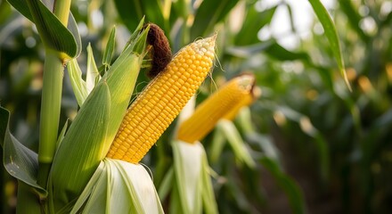 Golden corn on the stalk glistens in the summer sunlight, showcasing its vibrant yellow kernels and leafy green husks in a rural field.