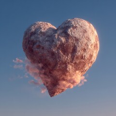 Lunar heart rising through ethereal clouds evoking cosmic love romantic celestial symbolism against blue sky