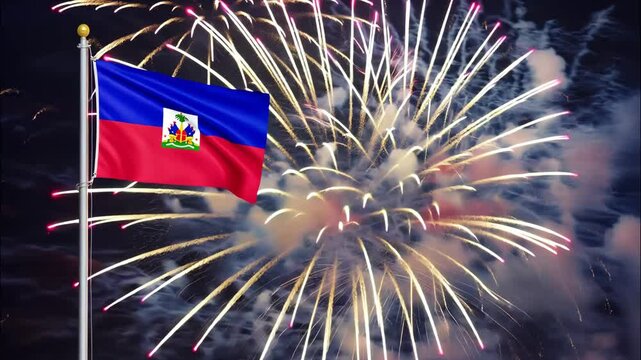 National flag independence state Haiti, background fireworks. AI Generative