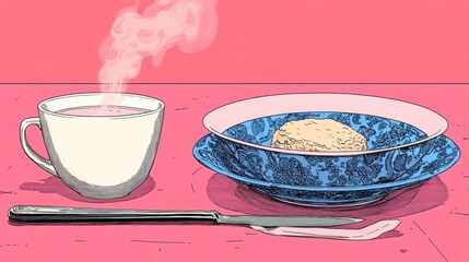 Warm cup beverage with creamy biscuit breakfast in intricate bowl delightful morning illustration