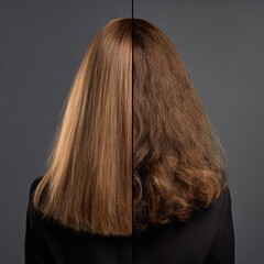 Straightened hair versus frizzy hair demonstrating hair treatment on a grey background back view shot