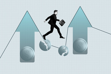 Sketch template design photo collage of young man run arrow up broken coins investor finance...