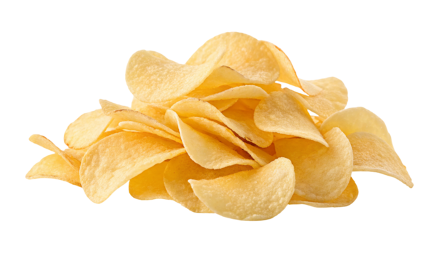 Crispy golden potato chips snack food isolated on white background perfect for delicious cravings