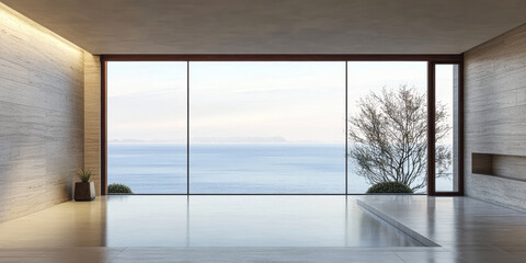 Modern minimalist interior with ocean view at sunrise in serene coastal setting
