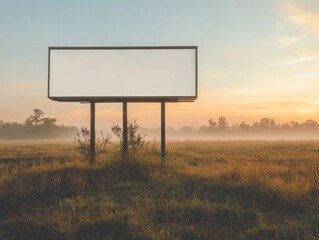 Empty billboard stands in a misty field at dawn, showcasing a blank canvas for potential advertisements.