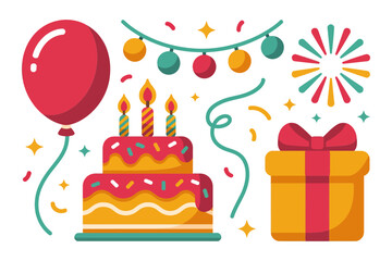 Birthday party icon set, cake, balloons, gift, garland, confetti, modern vector, celebration elements, festive illustration