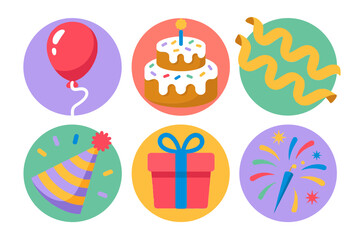 Birthday icon collection, cake, balloons, gift, party hat, confetti, modern vector, celebration elements, festive design