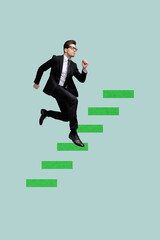 Composite 3d banner art pop image collage of happy businesswoman businessman stand chart statistics goal progress chance