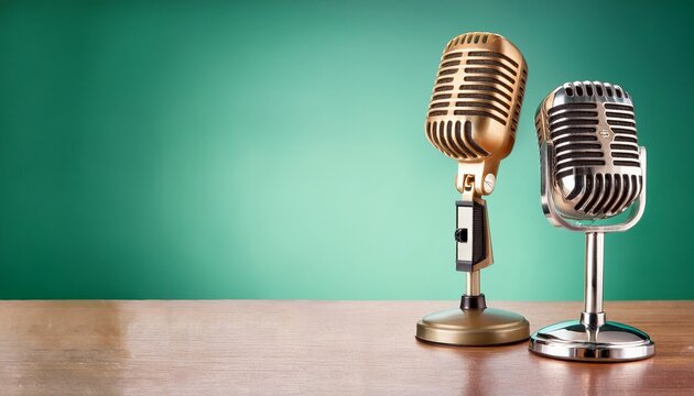 golden and silver retro microphones on table front against gradient mint green background vintage old style filtered photo