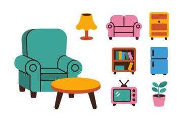 Home interior furniture icon set, sofa, table, fridge, TV, lamp, plant, bookshelf, modern vector, living room essentials