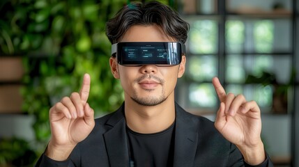 Man Wearing a VR Headset Interacting with a Digital Interface