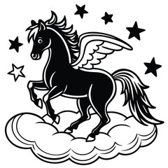 Fototapeta premium Mythical pegasus horse flying among stars and clouds silhouette
