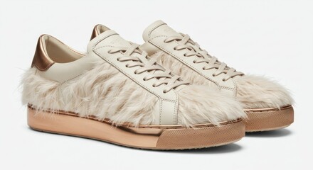 Cream leather sneakers with faux fur trim and rose gold accents