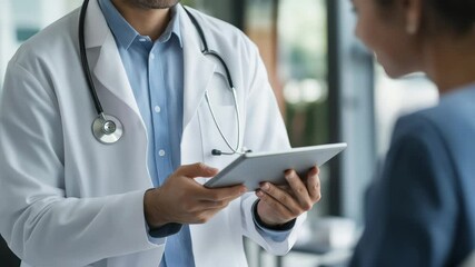 Male doctor in white coat using tablet to explain diagnosis to female patient in modern medical office with soft natural tones, video with copy space in center — for healthcare ads, educational  - Powered by Adobe