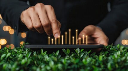 Person Analyzing Golden Data Graph on Tablet Amidst Lush Green Foliage