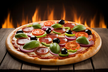 Close up shot of a pizza with pepperoni tomatoes olives and basil on a wooden table near a fire