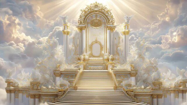 Heavenly golden throne at the top of majestic cloud staircase bathed in divine sunlight with soft pastel tones, cinematic fantasy video with copy space in center &mdash; perfect for spiritual storytelling